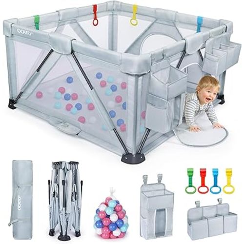 Baby Playpen: Foldable Playpen for Babies and Toddlers Large Play Pen Portable Playpen Fence Indoor Outdoor Kids Safety Area Travel Play Yard with 2 Storage Bags 4 Handlers 50 Balls (50" × 50")
