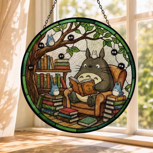 Totoro Stained Glass Suncatcher, My Neighbor Totoro Window Garden Decoration, Studio Ghibli Keepsake, Hanging Gift For Reading Lovers