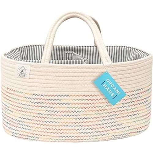 OrganiHaus Nursery Storage Basket, Cotton Rope Toy & Diaper Caddy Organizer with Handles, Baby Diaper Organizer, Foldable Design, Machine Washable, Ideal for Baby Room & Laundry - Stitches Rainbow