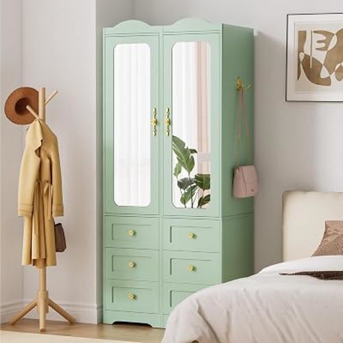 Armoire Wardrobe Closet, Green Bedroom Armoires Cabinet with Mirror Door and 6 Drawers, 69.5" H Wood Clothing Storage Cabinet with Hanging Rod & Sensor Light for Bedroom-(Left+Right)