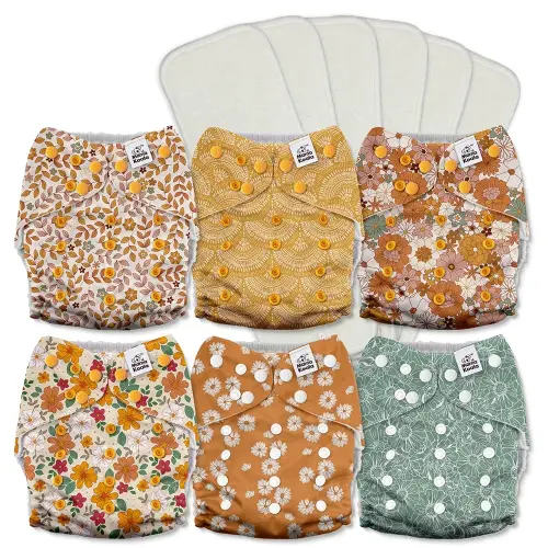 Mama Koala 3.0 Pocket Cloth Diapers for Babies with AWJ Lining, 6 Pack with 6 5-Layer Natural Cloth Diaper Inserts - Reusable and Washable Pocket Diapers(A-Little Daisies)