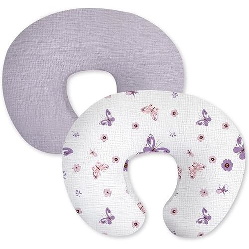 Little Grape Land Muslin Nursing Pillow Covers 2 Pack, 100% Cotton Removable Breastfeeding Pillow Covers, Feeding Pillow Slipcovers for Baby Boys & Girls, (Purple Butterfly & Purple)
