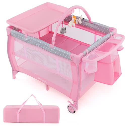 BABY JOY 3 in 1 Portable Pack and Play with Bassinet, Convertible Baby Travel Crib Playard with Changing Table, Brake Wheel, Newborn Napper with Large Capacity Storage Shelf, Oxford Carry Bag