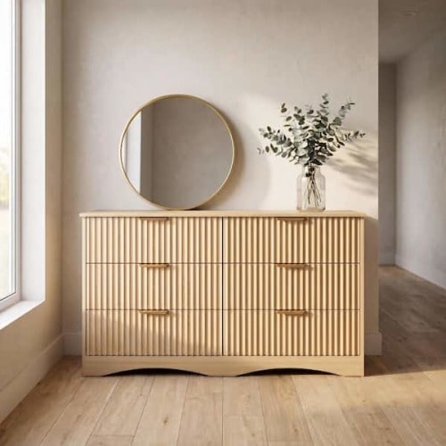 6-Drawer Fluted Dresser Chest with Gold Handles, Wide Multi-Room Storage Cabinet, Light Natural Wood