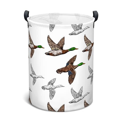 Mallard Duck Laundry Basket, Collapsible Waterproof Oxford Cloth Laundry Hamper, Funny Round Storage Basket as Room Decor, Cute Duck Dirty Clothes Hamper for Bedroom Bathroom (Brown)