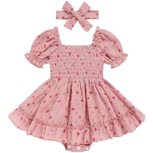 GRNSHTS Baby Girl Romper Dress, Puff Sleeve Smocked Outfit with Headband for Infants Soft Cotton Photo Shoot
