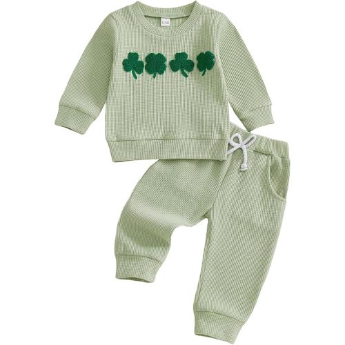 St Patricks Day Baby Boy Outfit Lucky Charm Clover Waffle Knit Sweatshirt Pants Set Toddler St Patricks Clothes Fall