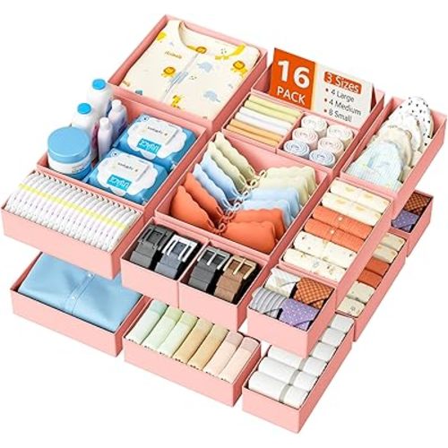DIMJ Drawer Organizer Clothes - 16 Pack Baby Dresser Organizer for Nursery, Foldable Drawer Organizer Bins for Closet Bedroom Organization, Fabric Clothes Storage Dividers for Underwears, Socks, Bras