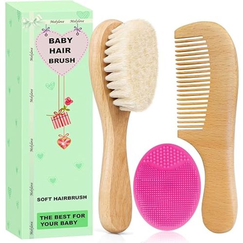 Baby Hair Brush and Comb Set for Newborns & Toddlers | Wooden Baby Brush Set with Soft Goat Bristles l Wood Comb l Purple Cradle Cap Brush| Ideal for Cradle Cap (3 Piece)