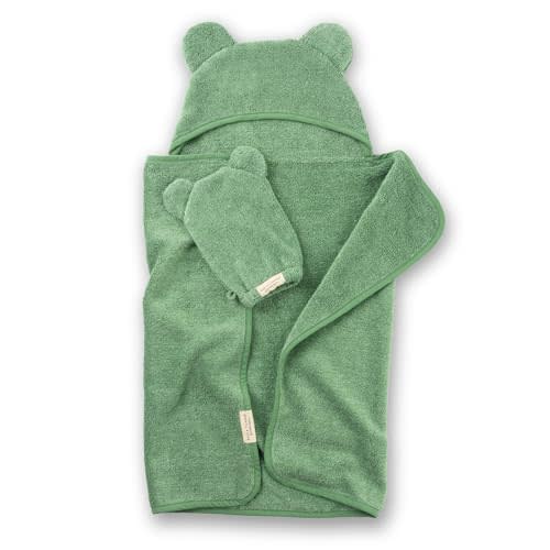 Bella Tunno Baby Bath Towel and Wash Mitt Set – Soft Absorbent Hooded Towels and Mitt-Style Baby Washcloths, Oeko-TEX Certified (Sea Foam)