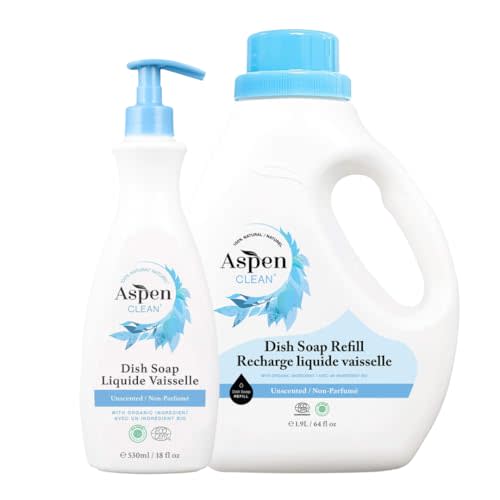AspenClean Natural Dish Soap and Refill Unscented - 100% Natural, Organic, Baby-Safe, Pet-Friendly, Vegan, Cruelty-Free, Biodegradable - EWG VERIFIED & EcoCert Certified