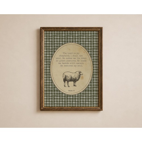 Psalm 23 Bible Verse Print, The Lord Is My Shepherd Wall Art, Vintage Christian Framed Print, Green Gingham Decor, Faith Gift