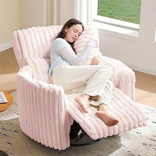 Jocisland Power Recliner Nursery Chair for Adults, Electric Swivel Rocking Glider with USB & Type-C, Soft Fabric Armchair with 2 Pillows, Cozy Reclining Sofa for Living Room, Bedroom, Light Pink