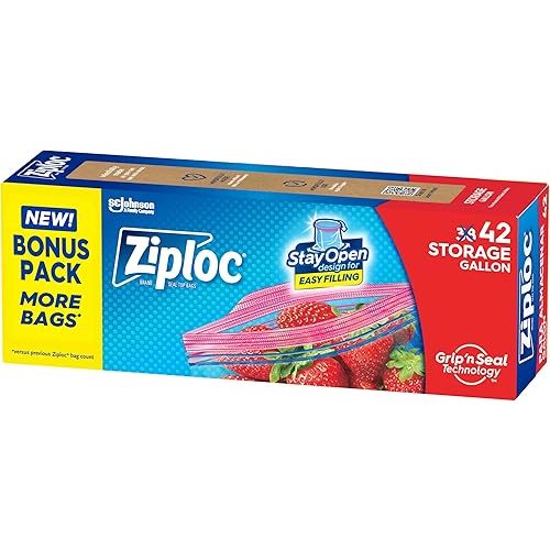 Ziploc Gallon Food Storage Bags, Stay Open Design with Stand-Up Bottom, Easy to Fill, 42 Count