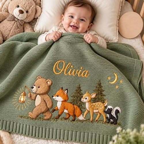Custom Baby Blanket with Name & Cute Icon Embroidery, Soft Knit Newborn Swaddle, Personalized Infant Receiving Blanket for Baby Shower, Nursery Bedding, New Mom Gifts, Newborn Girl & Boy Gift Style 4