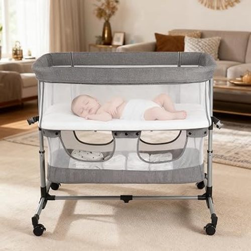 Bassinet Bedside Sleeper, 3-in-1 Baby Bedside Bassinet, 5 Height Adjustable Rocking Baby Crib, Breathable Full Mesh, Mosquito Net, Storage Basket, Stable and Secure Bassinets for Newborn Infant
