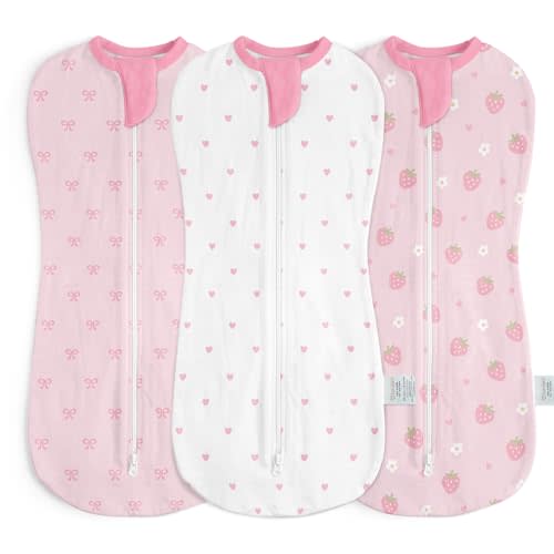 Baby Swaddle 0-2 Months, Cotton Arm-In Zipper Sleep Sack, Wearable Blankets Wrap for Newborn Infant Girls (Bow, Heart, Strawberry, Pack of 3)