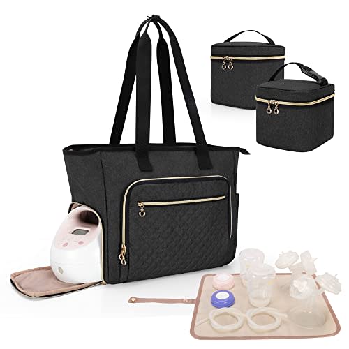 LUXJA Breast Pump Bag Compatible with Spectra S1 and S2 (with a Breastmilk Cooler Bag, a Small Carrying Case and a Waterproof Mat), Pumping Bag for Breast Pump and Extra Parts, Black