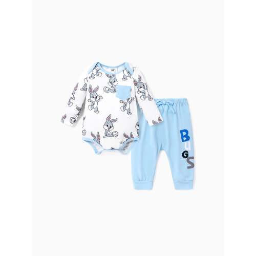 Looney Tunes Baby Boy/Girl Character Print Long-sleeve Bodysuit and Pant Sets Light Blue