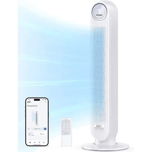 Dreo Oscillating Quiet Tower Fan, Smart Floor Fans for Bedroom, Standing Bladeless Fan with Remote, 4 Modes, 4 Speeds, 8H Timer, 28dB, Works with WiFi Voice Control
