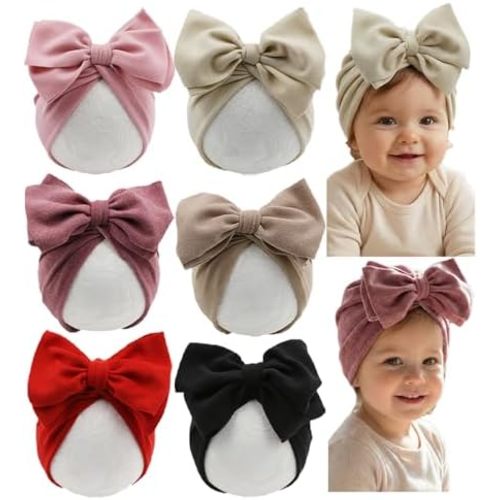 Baby Girls Hair Bow Turban Hat 6PCS Set, Top Bowknot Head Wrap Beanie India Caps for Infant Toddlers