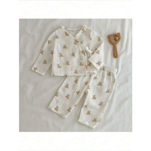 Loomiva Newborn Baby Boy/Girl Cartoon Bear Pattern Tie-Front Top And Elastic Waist Pants 2 Pieces Set Neutral Baby Clothes Baby Bear Outfit Newborn Baby Clothes Fall Winter | SHEIN USA