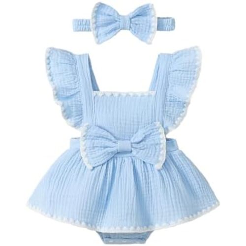 Newborn Baby Girl Summer Cotton Linen Ruffle Sleeve Romper Dress