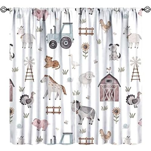 Cartoon Farmhouse Curtains, Farm Truck Tractor Cute Animals Horse Cow Cat Dog Autumn Sunflower Windmill Print Blackout Window Treatments For Kids Boys Girls Bedroom Living Room, 52"W X 84"L
