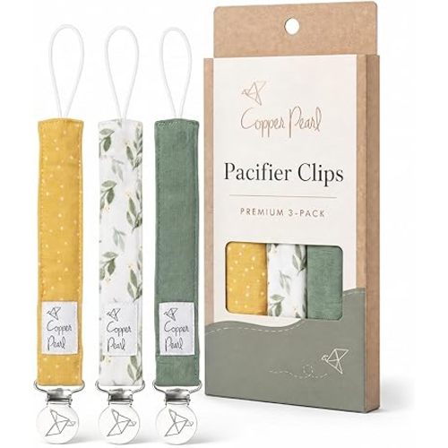 Copper Pearl Pacifier Holder 3-Pack: Premium Knit Binky Clips for Babies - Stylish Stainless Steel Design, Prevents Floor Drops - Fern