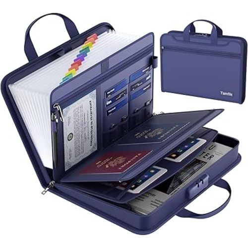 5200℉ Fireproof Accordion File Organizer with Lock, Thickened Document Organizer 13 Pocket with Zipper & Labels, Important Document Organizer, Expanding File Folder with Handle for Letter A4 (Blue)