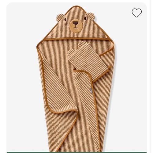 Bath cape + PETIT OURS wash mitt, with recycled cotton - striped beige, Bedding & Decor