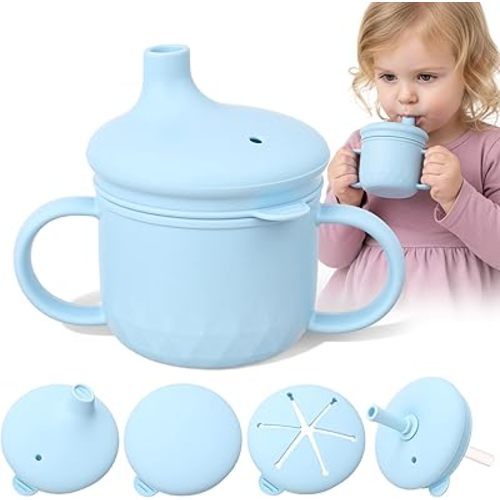 8 oz 3 in 1 Silicone Baby Sippy Cups & Snack Cups with Lid Straw for Toddlers 1-3 Spill Proof Stainless Steel Snack Containers Food Catcher for Baby Toddler Drinking Training(Blue)