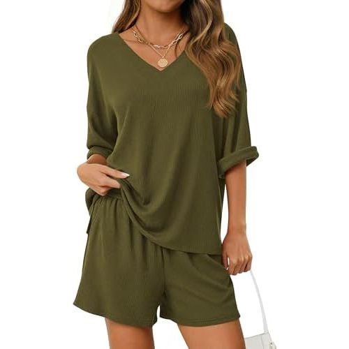 PRETTYGARDEN Womens 2 Piece Sets 2026 Oversized Vneck Half Sleeve Tops Shorts Lounge Set Casual Summer Travel Beach Outfits