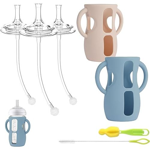 Straw Cup Conversion Kit with Silicone Sleeves for Avent Natural Glass Baby Bottle 8oz, Toddler Sippy Cups Transition Kit w Anti Breakage Bottle Holder Compatible with Philips Natural Baby Bottles 8oz