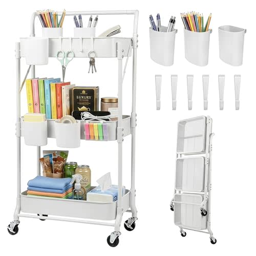 Amatic 3-Tier Folding Rolling Utility Cart with Wheels, Foldable Storage Cart Organizer with 3 Hanging Cups & 6 Hooks for Kitchen, Office, Living Room, Nursery(White)