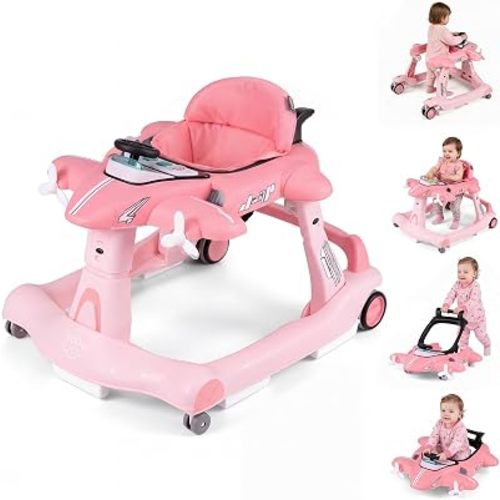 BABY JOY 6-in-1 Baby Walker with Wheels, Foldable Activity Walker (Pink)