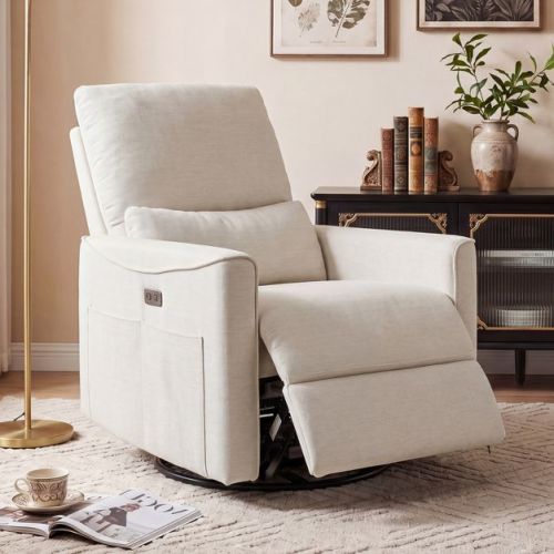 Dyonery Power Swivel Rocker Recliner, Fabric Glider Nursery Chair with USB Ports, Ivory White