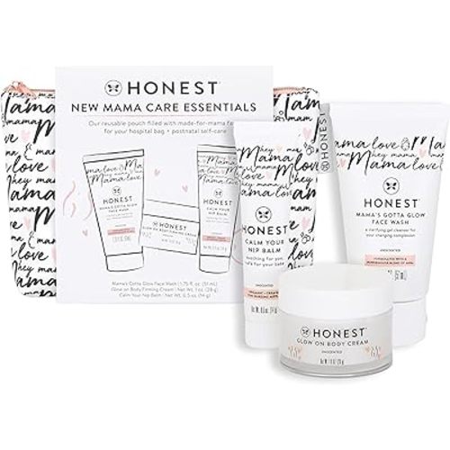 The Honest Company New Mama Care Essentials Gift Set | Hospital Bag Must Haves | Travel Size Nip Balm (0.5 oz), Glow On Body Cream (1 oz), Gotta Glow Face Wash (1.75 fl oz), Reusable Pouch