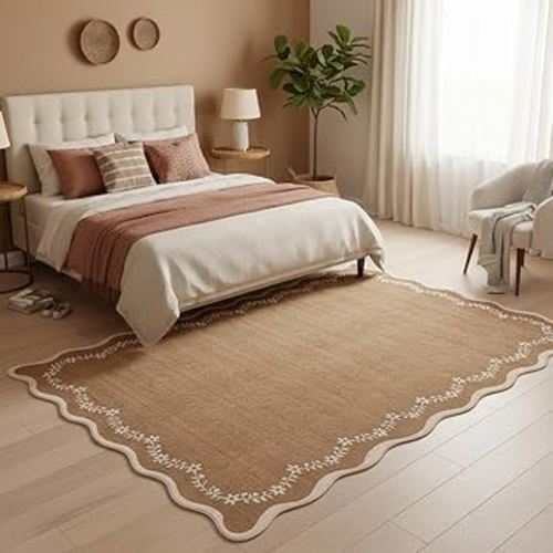 GarveeHome 6x9 Scalloped Area Rug Brown Washable Rugs for Living Room Bedroom, Soft Low Pile Non Slip Accent Floor Mat Solid Floral Print Throw Rug Farmhouse Indoor Carpet for Dorm Playroom