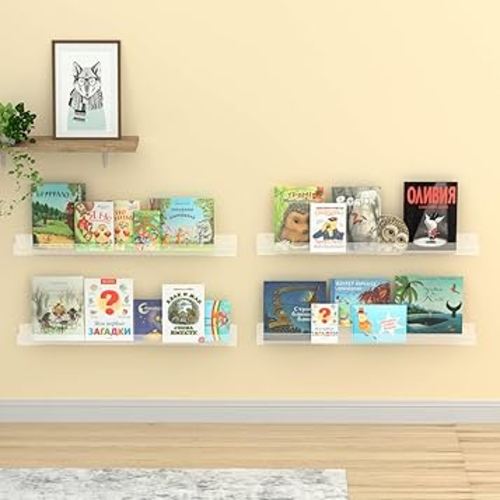 NIUBEE 36" Premium Acrylic Floating Nursery Kids Bookshelf Wall Ledge Shelf, Clear Invisible Spice Rack Bathroom Storage Shelves Display Organizer, 50% Thicker with Screwdriver, Set of 4