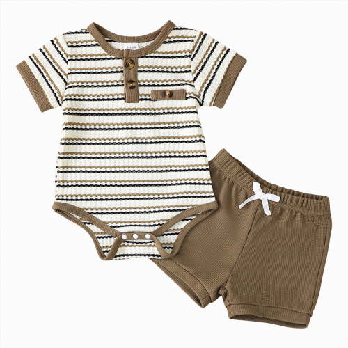 Gubotare Newborn Boy Clothes Summer Baby Boy Clothes Newborn Striped Romper Infant Suspender Overall Cute Set Summer Outfits 0 3 6 9 12 18 24 Months,Coffee