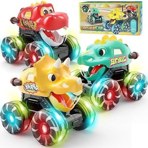 3 Pack Dinosaur Car Toys for Kids Toddlers, Light up Wheels Monster Truck Toys for Boys 2 3 4 5 6 7 8 Years Old Christmas Birthady Gifts Press & Go Dino Trucks Toy for Toddler Boy Baby