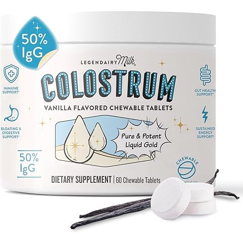 Legendairy Milk Bovine Colostrum Chewable Tablets - Daily Gut Health & Immune Support - Hair, Skin & Nails - 50% IgG Concentration - Colostrum Supplement for Women, Men, & Kids - 60ct, Vanilla Flavor
