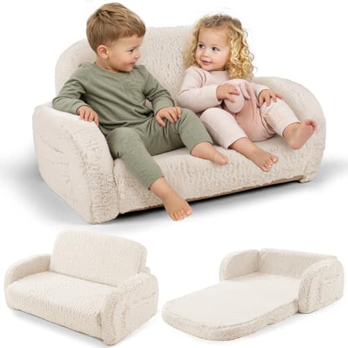 2-in-1 Sherpa Fold Out Kids Couch, Extra Wide Comfy Toddler Chair, Convertible Kids Sofa to Lounger, Foldable Toddler Couch with High Density Foam, Modern Kids Sofa Bed for Boys & Girls 3+, Beige