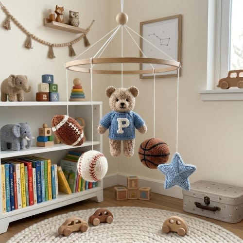 Vintage Sport Nursery Mobile With Bear And Basketball, Baseball, American Football And Bat, Baby boy Shower Gift Idea, Baby Shower Gift