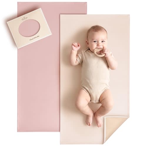Konssy Faux Leather Baby Changing Mat, Waterproof Diaper Changing Pad | Wipeable & Portable Diaper Changing Pad for Travel or Home. Fits Diaper Bags, 32 x 20 in, Blush and Beige