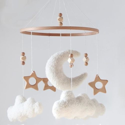 Cloud Moon Crib Mobile Cloud Baby Mobile for Crib Neutral Boho Clouds and Wooden Stars Moon Mobile Boucle Mobile