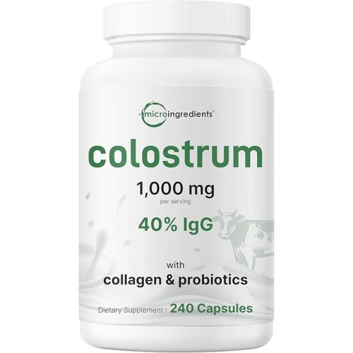 Micro Ingredients Bovine Colostrum 1,000 mg Per Serving, 240 Capsules | 40% IgG with Collagen & Probiotics | Colostrum Supplement with 10 Probiotic Strains | Non-GMO, Gluten Free