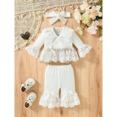 SHEIN Baby Girl Contrast Lace Flounce Sleeve Top & Pants & Headband Photography Set Autumn Fall | SHEIN USA