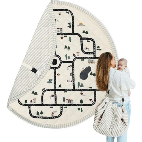 Blooom 2-in-1 Quilted Baby Play Mat & Storage Bag | Portable, Soft, and Convenient | Perfect for Travel & On-The-Go | Portable Play Mat for Baby & Toddler | Oekotex Cotton (City, 47 Inches)